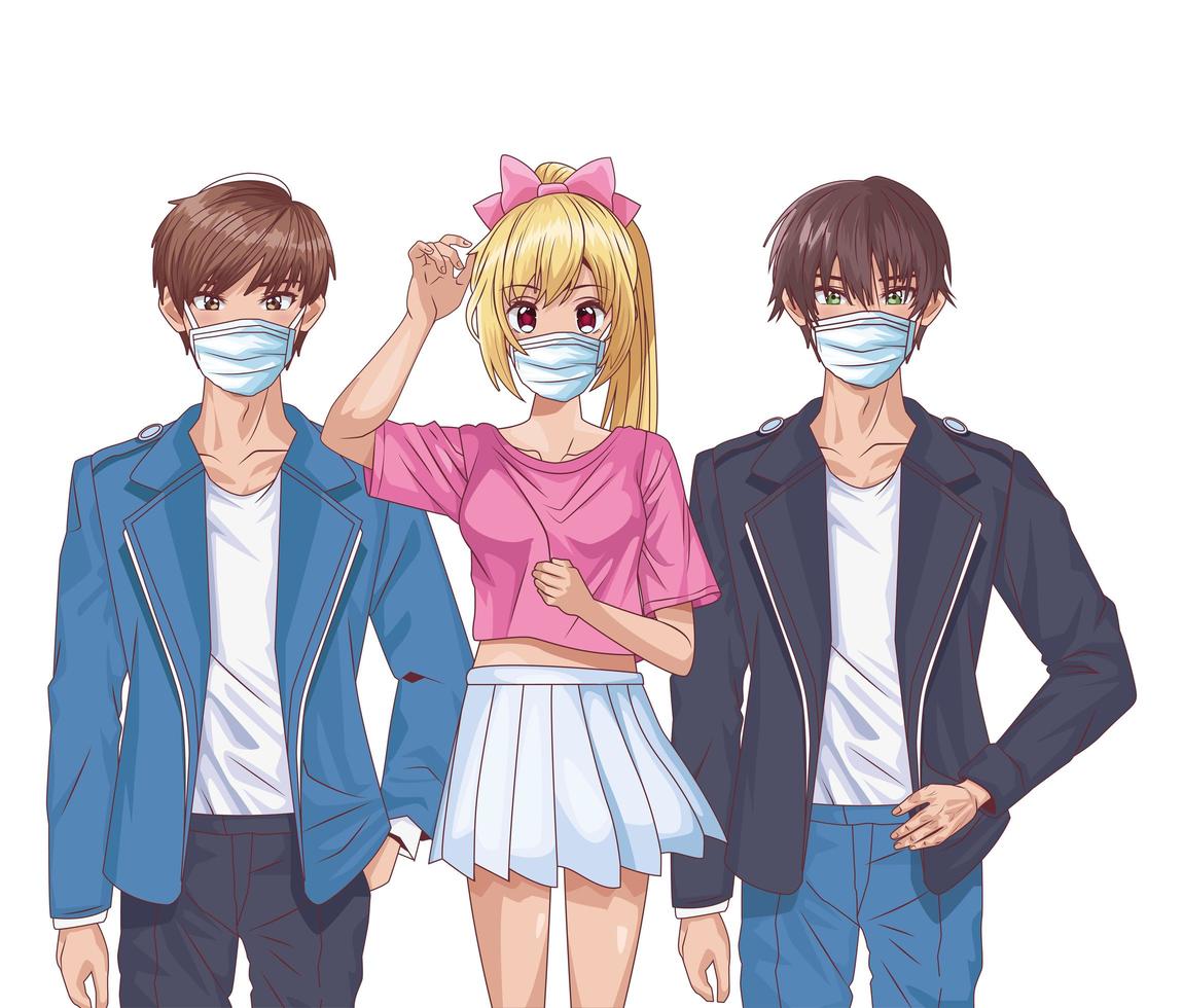 young people using face masks anime characters vector