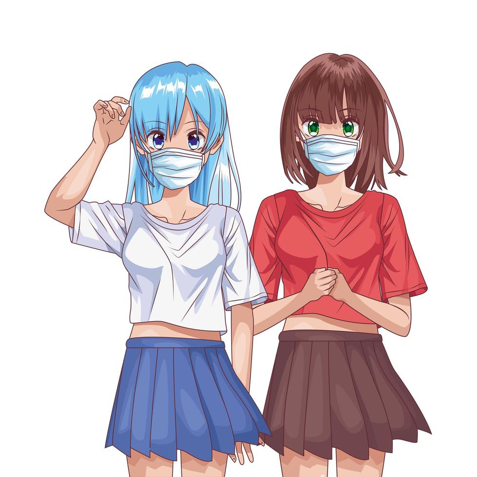 girls using face masks anime characters vector