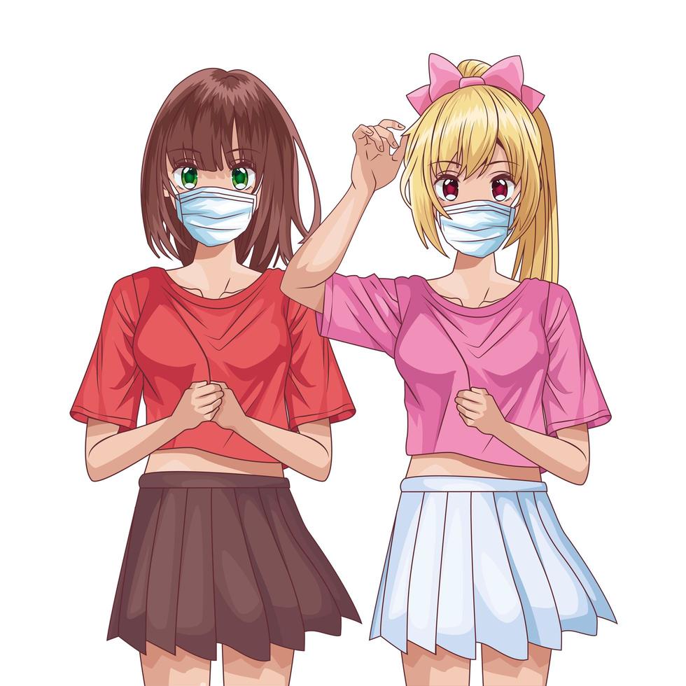 chicas usando mascarillas personajes de anime vector