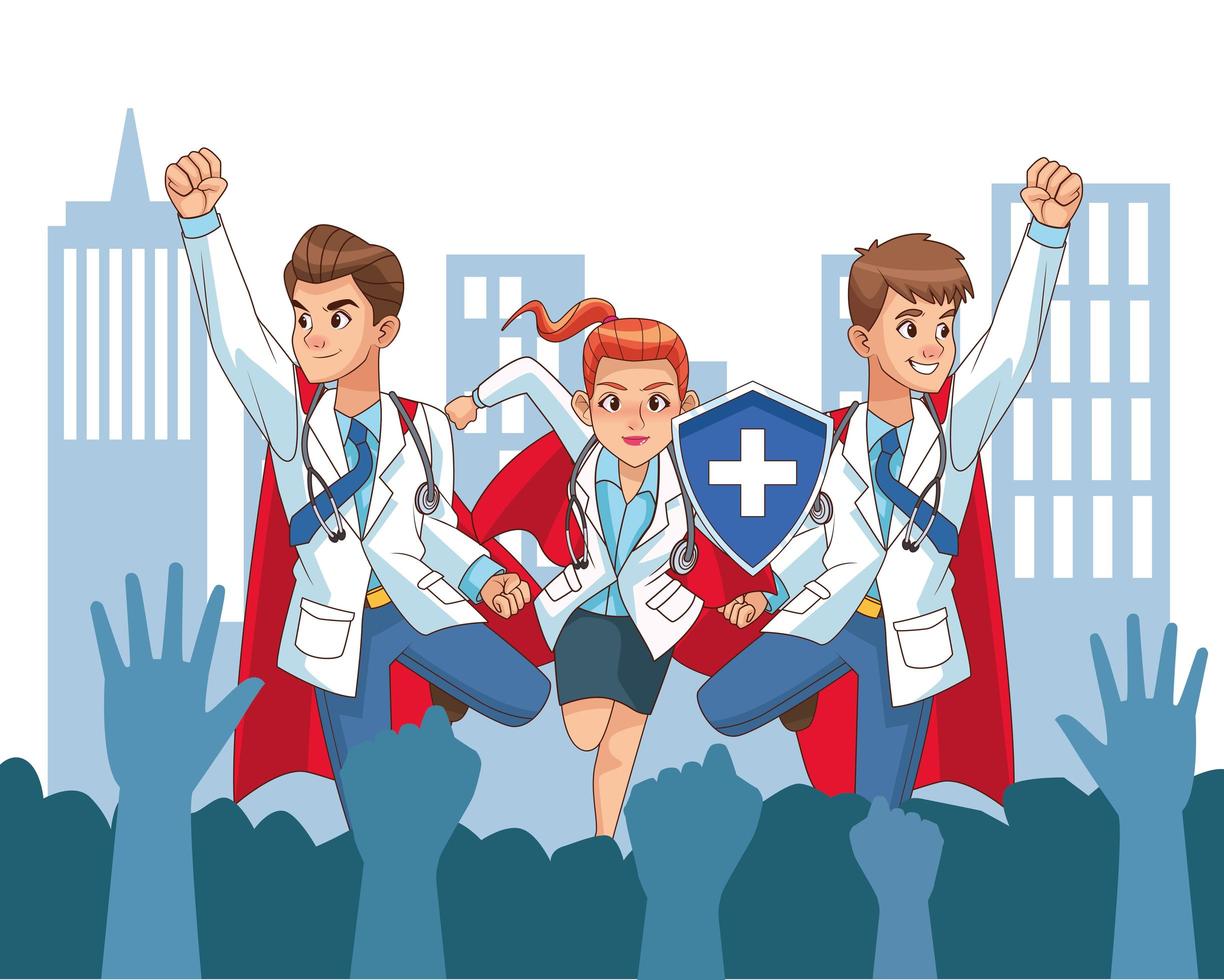 super doctors with hero cloaks vs covid19 in the city vector