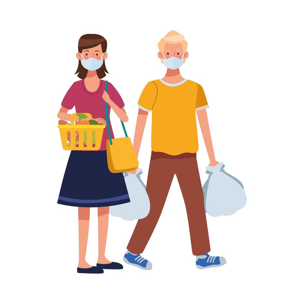 couple using face masks in supermarket vector