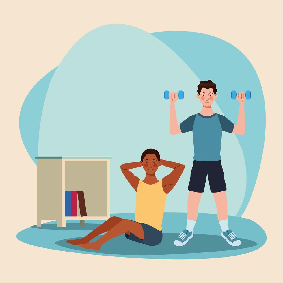 interracial men practicing exercise in the house vector