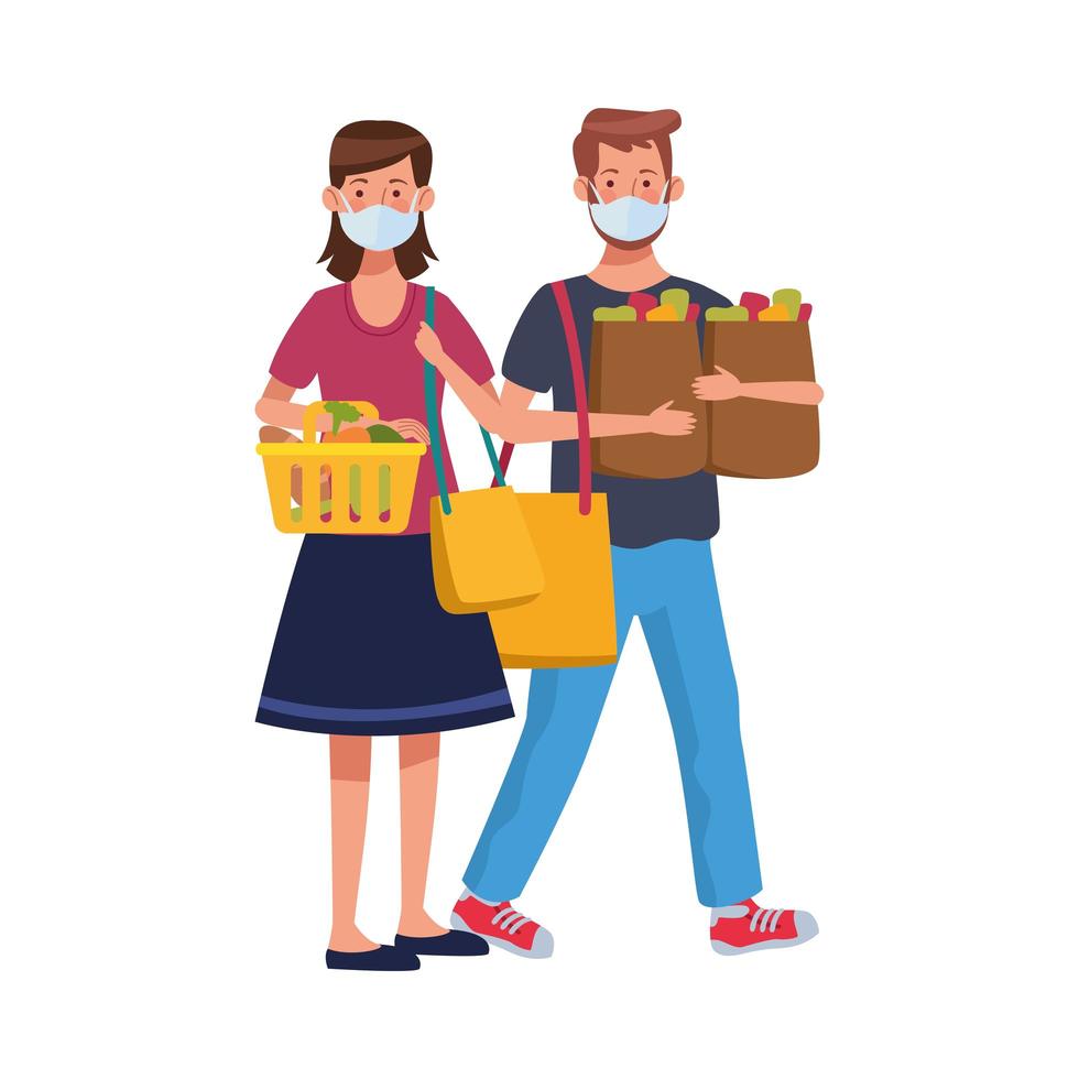 couple using face masks in supermarket vector