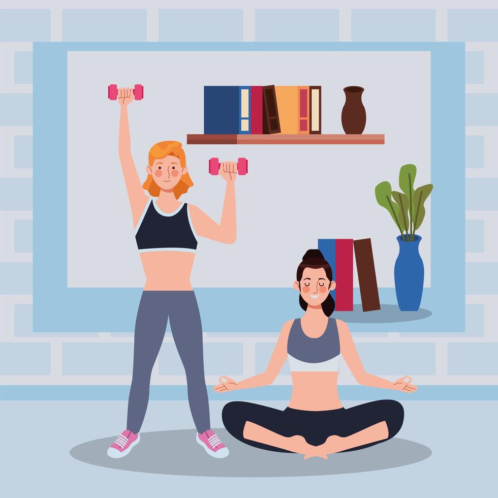 women practicing exercise in the house vector