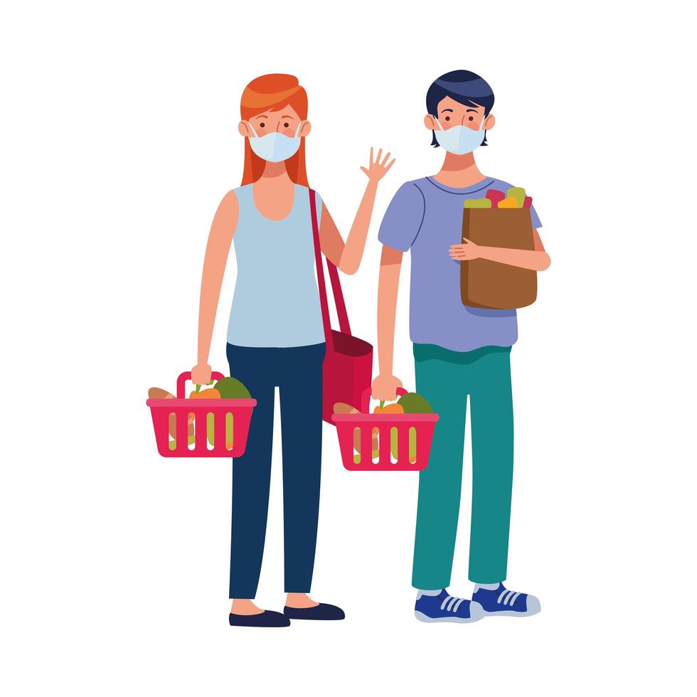 couple using face masks in supermarket vector