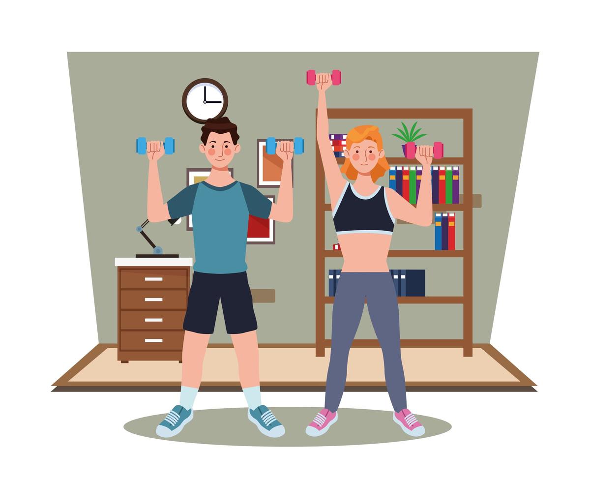 couple exercising together in the house vector