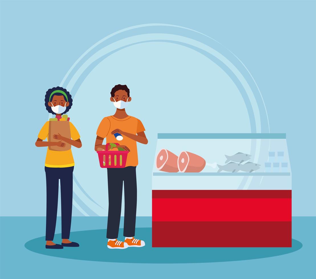 black couple shopping in supermarket with face mask vector