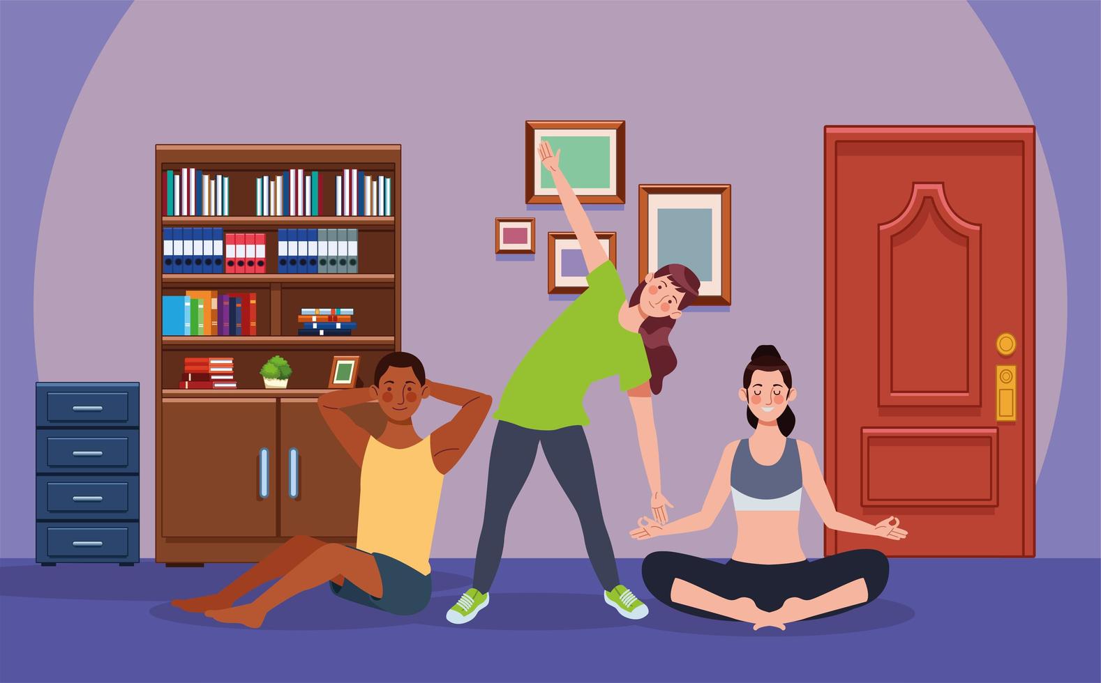 personas interraciales practicando ejercicio en la casa. vector