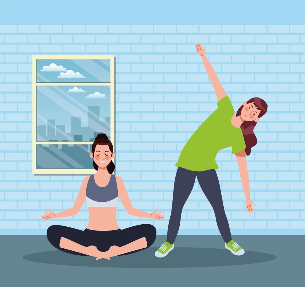 women practicing exercise in the house vector