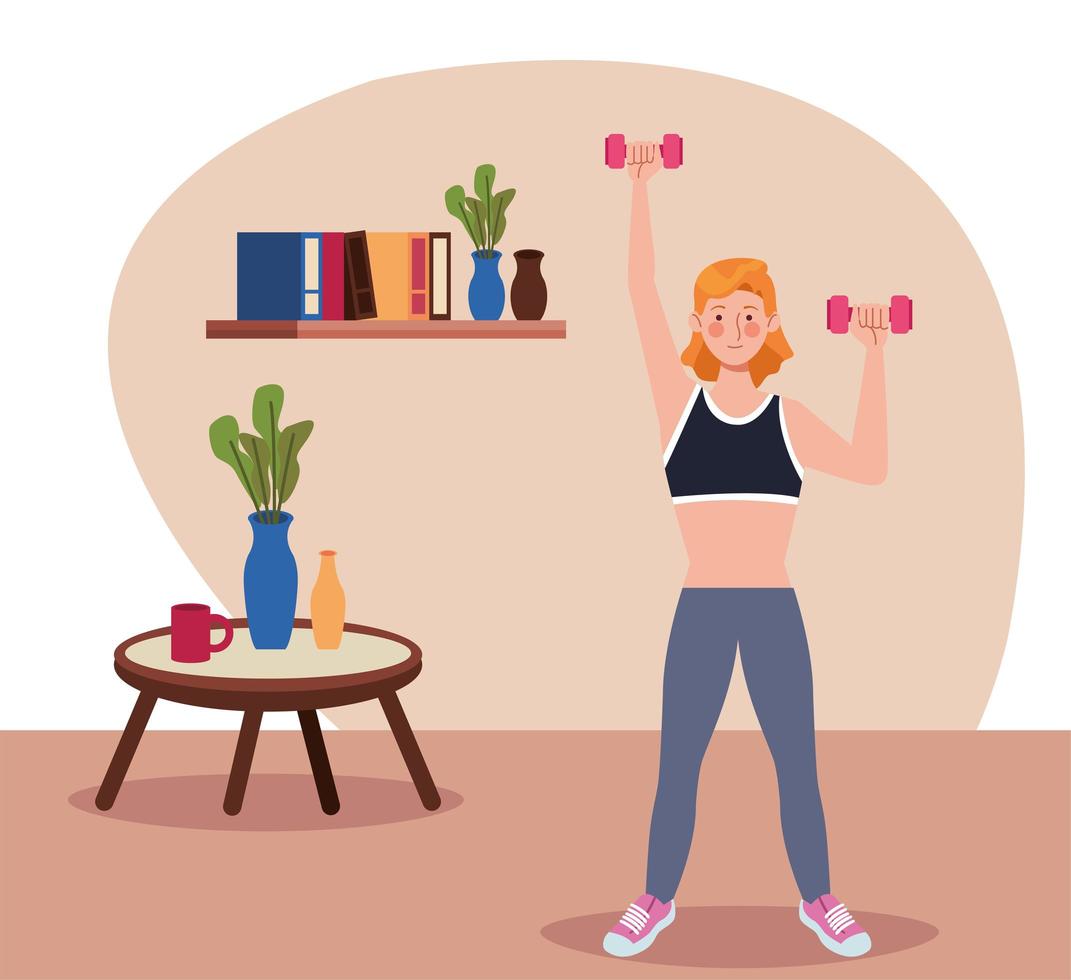 woman lifting dumbbells in the house vector