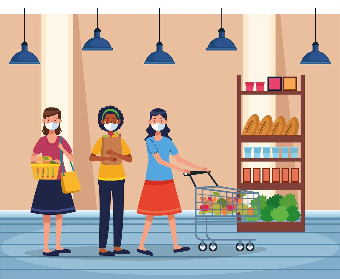 women shopping in supermarket with face mask vector