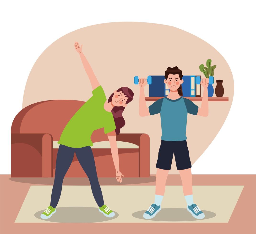 couple exercising together in the house vector