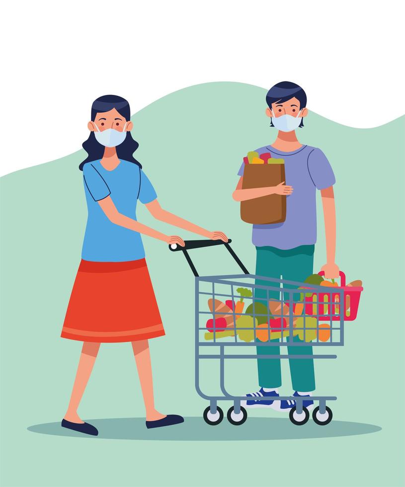 couple shopping in supermarket with face mask vector