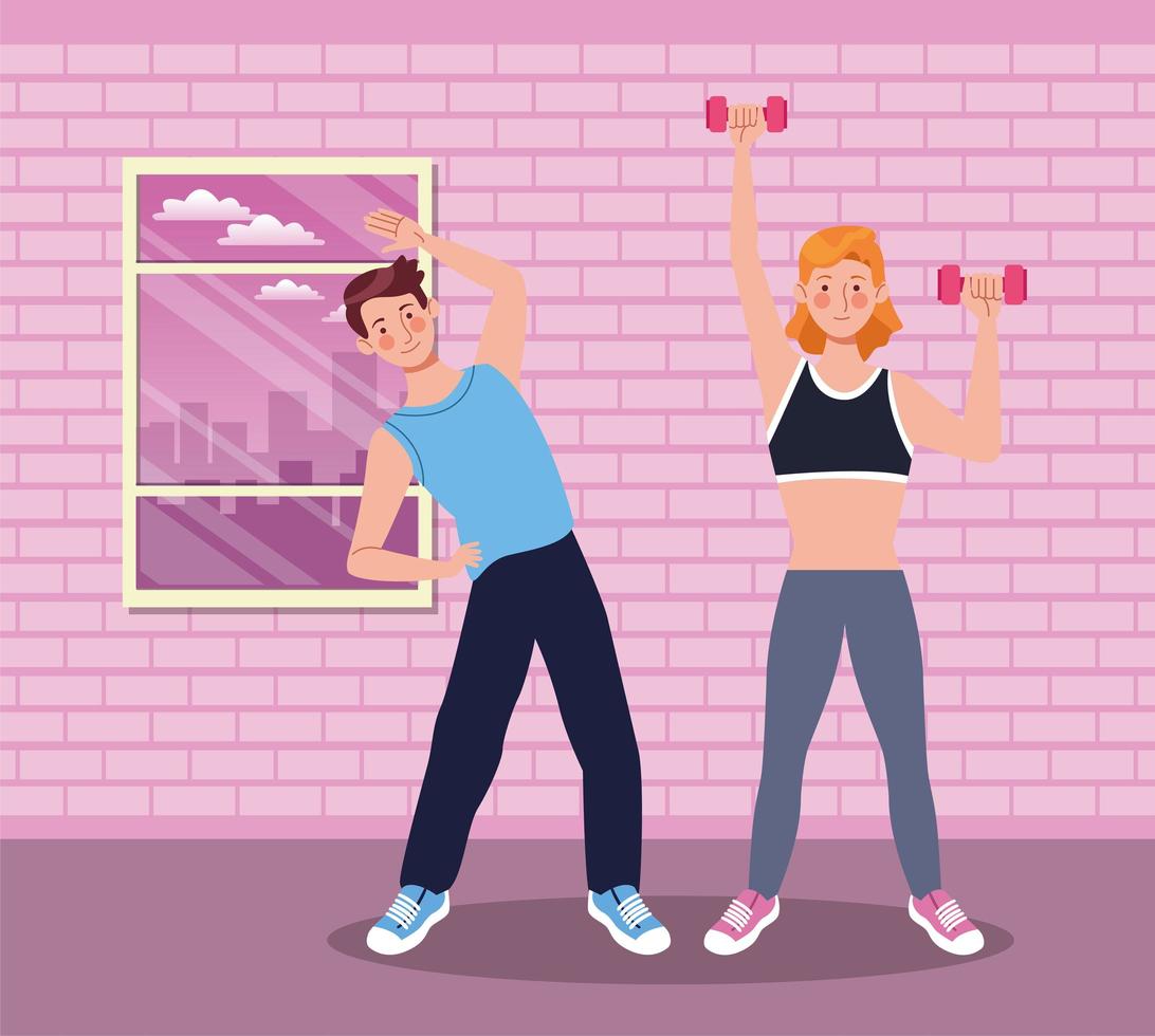 couple exercising together in the house vector