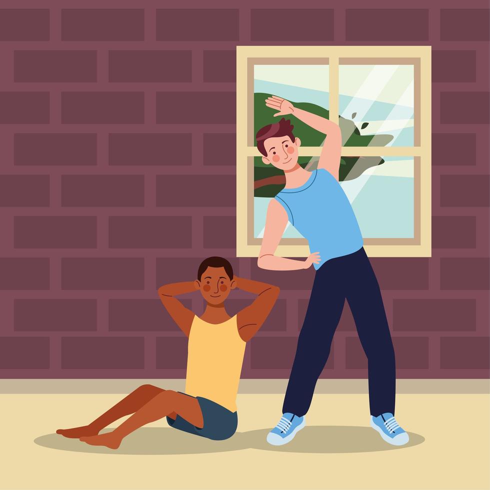 interracial men practicing exercise in the house vector