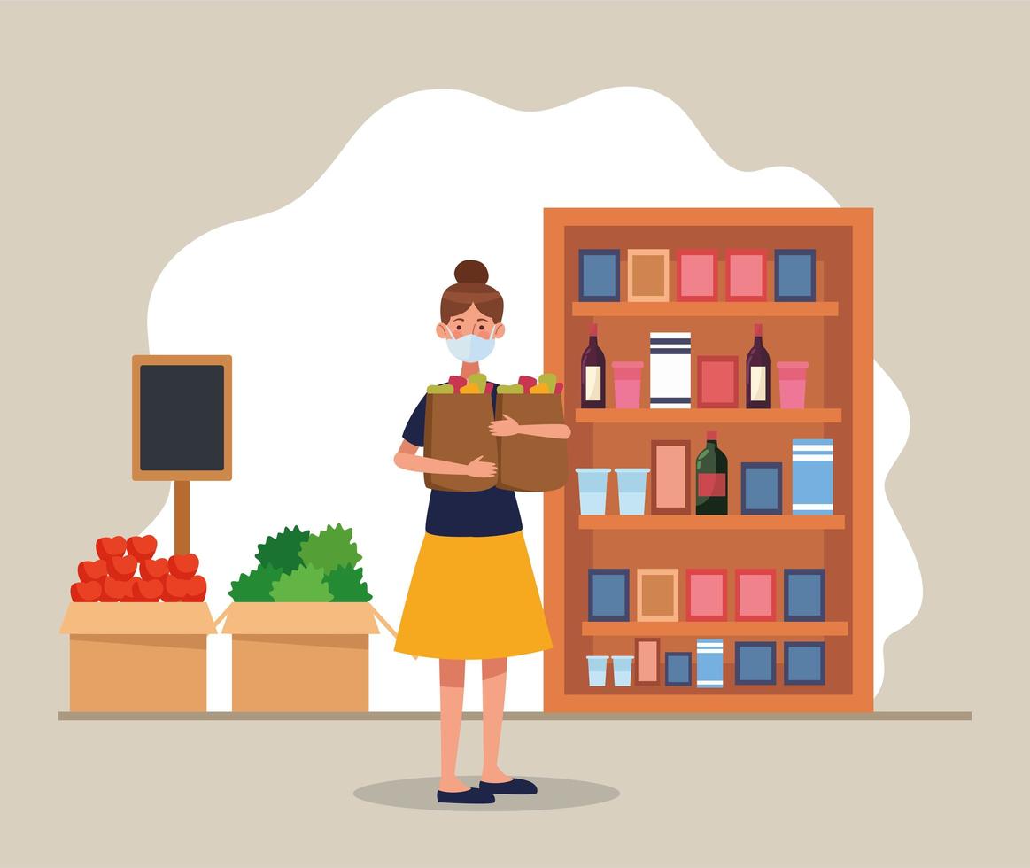woman shopping in supermarket with face mask vector