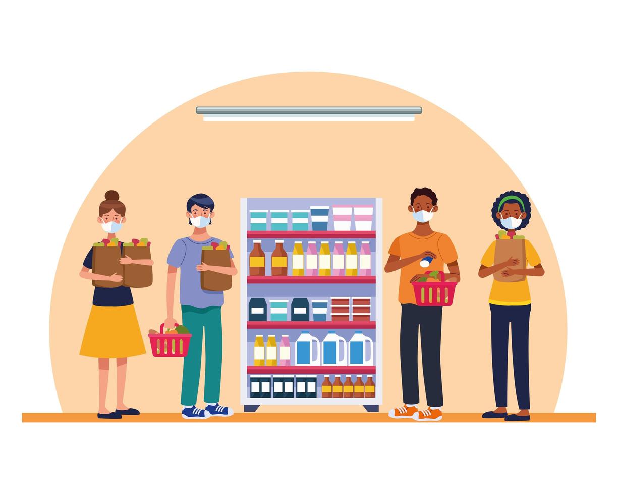 people shopping in supermarket with face mask vector