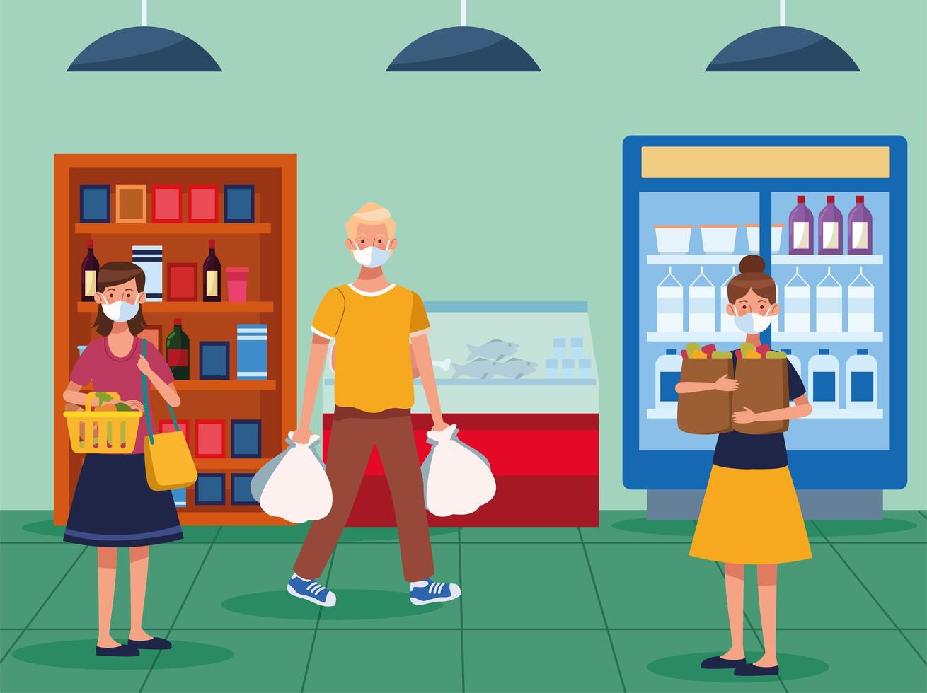 people shopping in supermarket with face mask vector