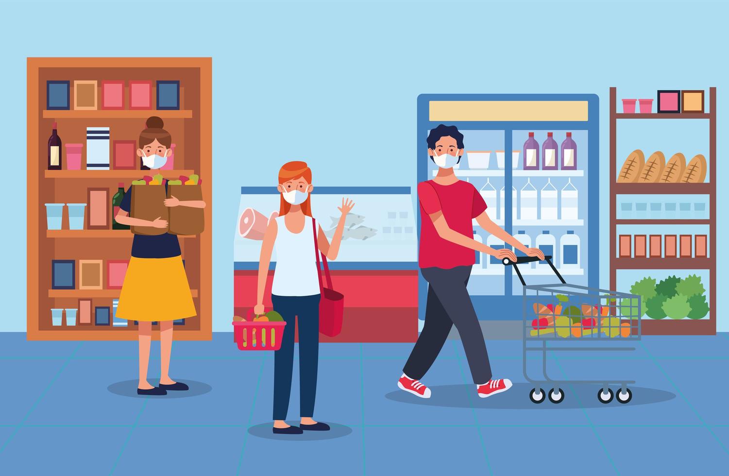 people shopping in supermarket with face mask vector