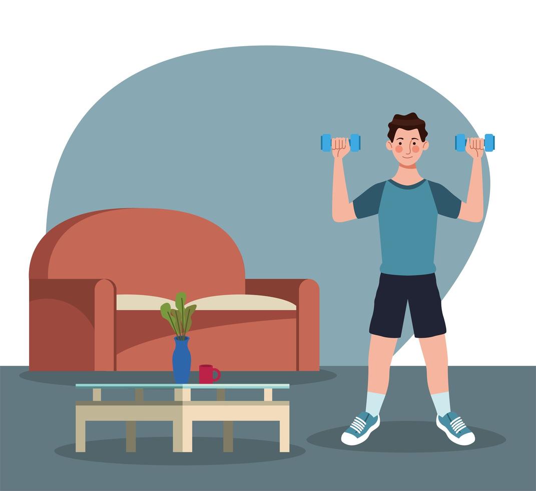 man lifting dumbbells in the house vector