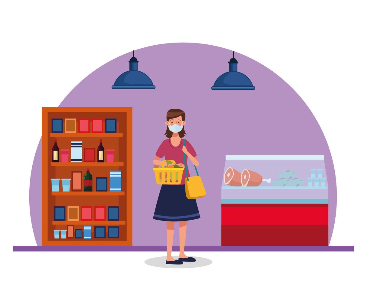 woman shopping in supermarket with face mask vector