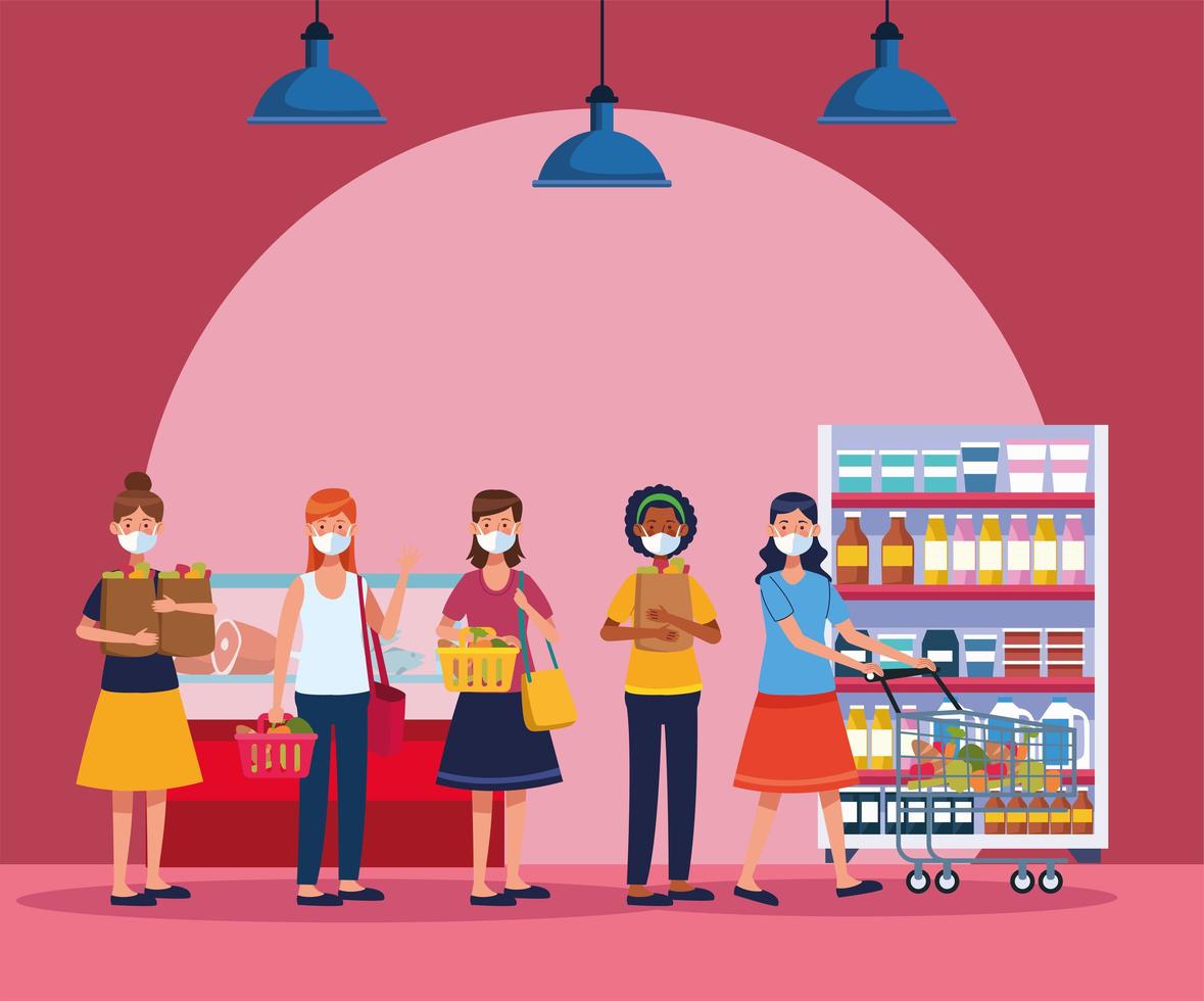 people shopping in supermarket with face mask vector