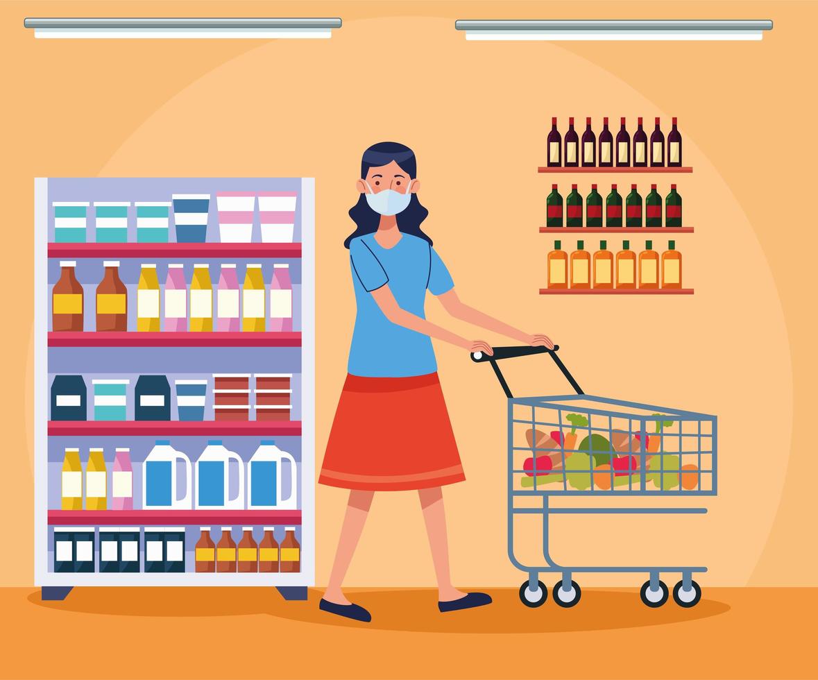 woman shopping in supermarket with face mask vector