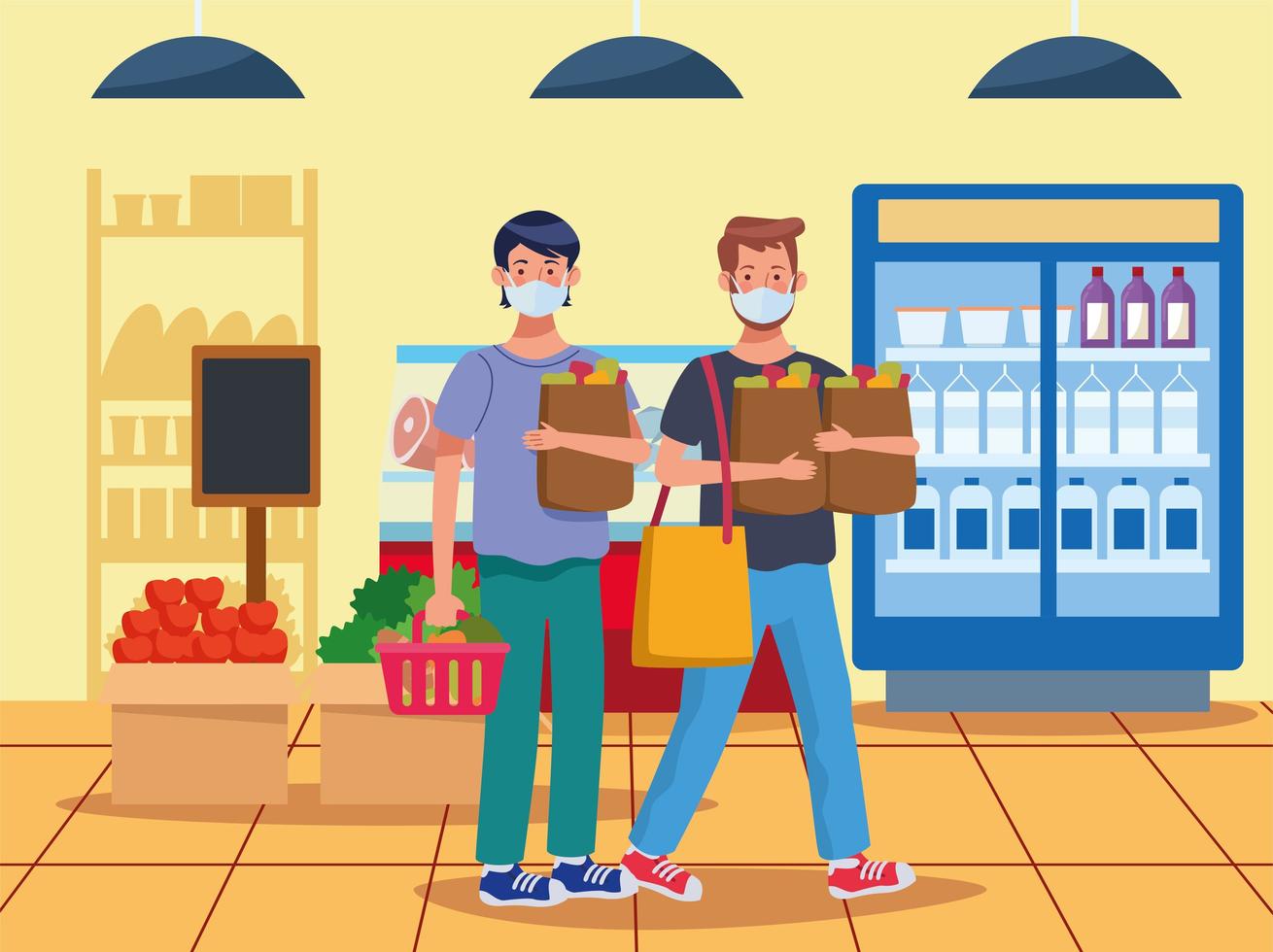 men shopping in supermarket with face mask vector