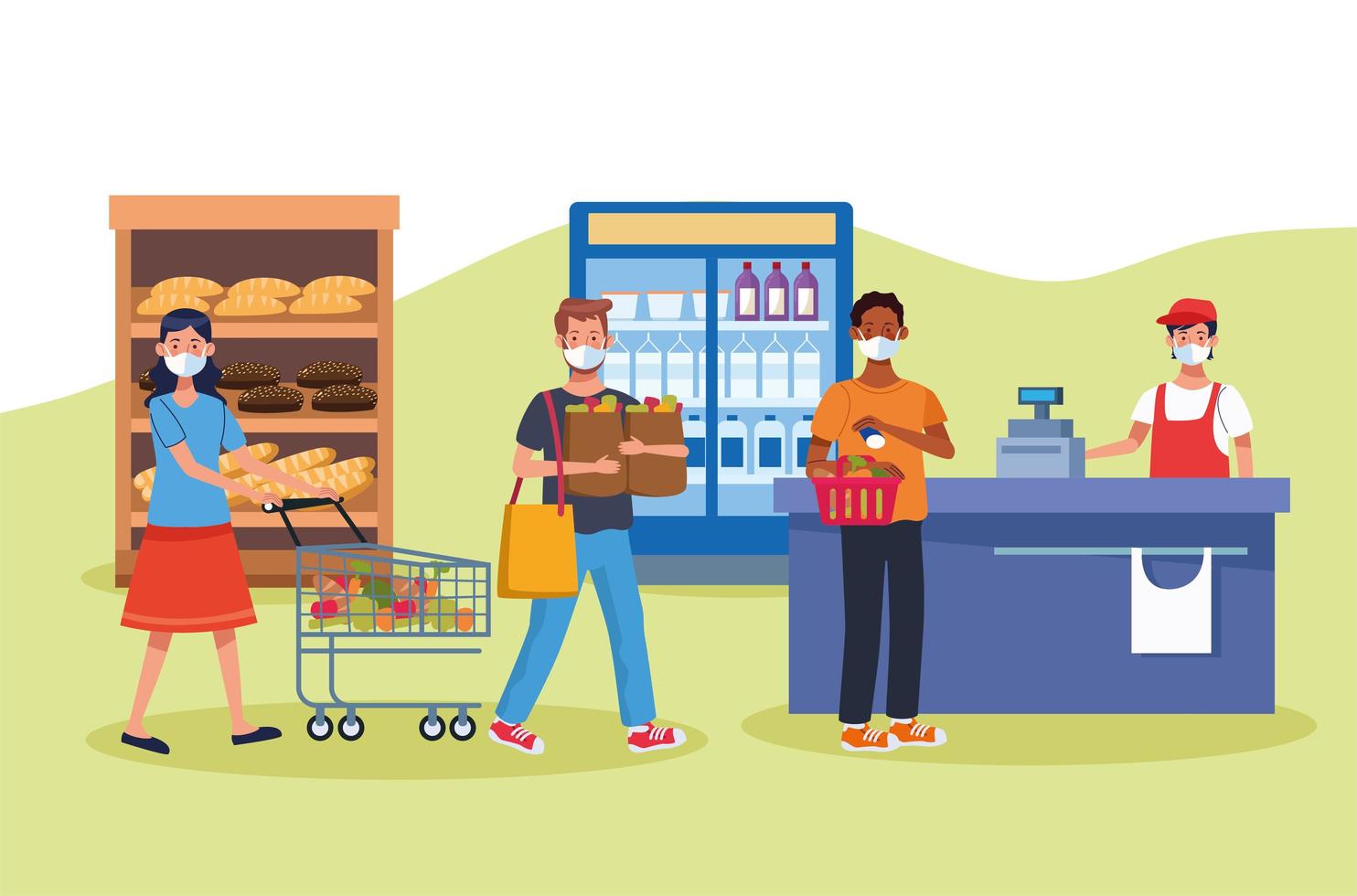 people shopping in supermarket with face mask vector