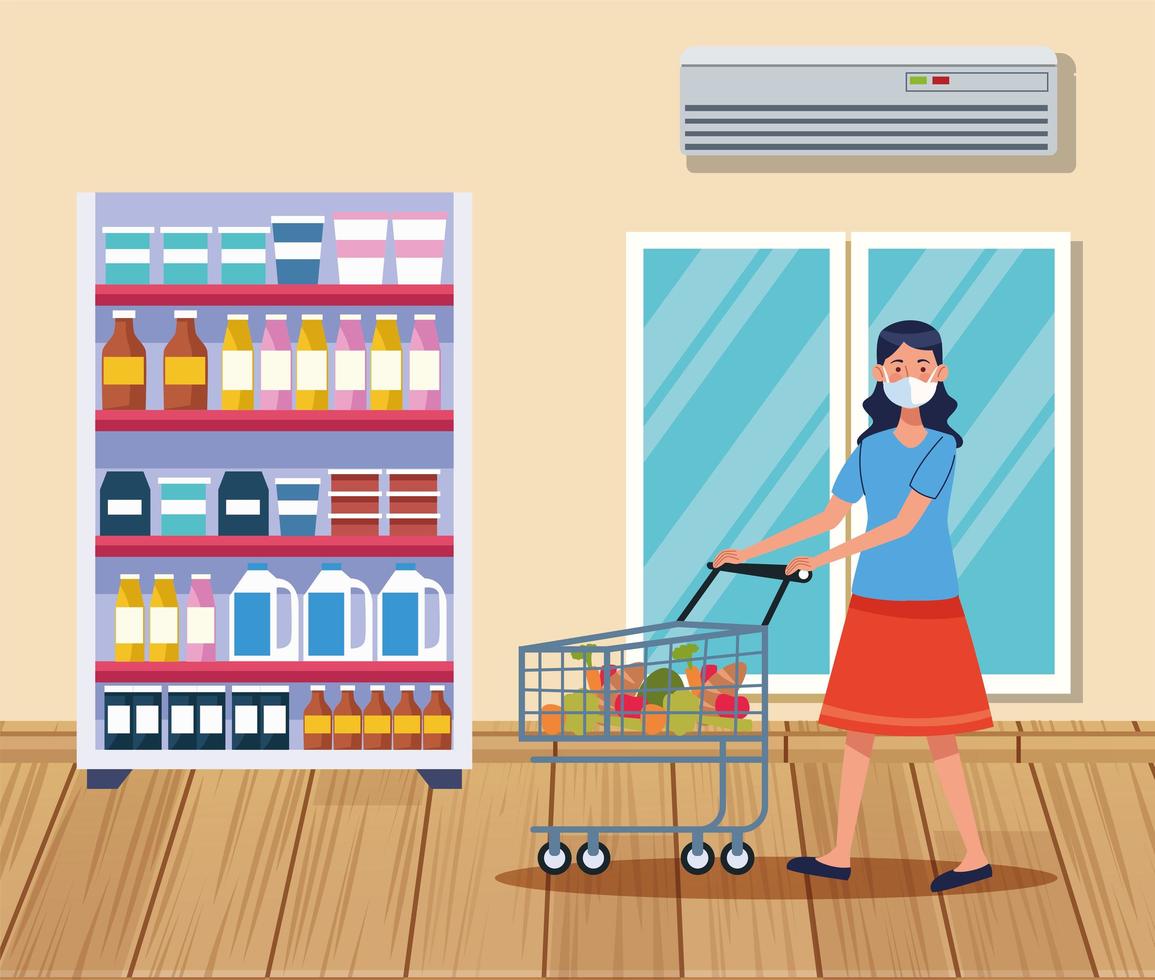 woman shopping in supermarket with face mask vector