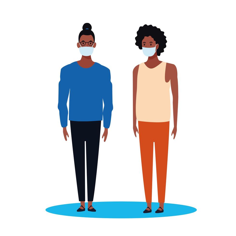 black couple using face mask for covid19 vector