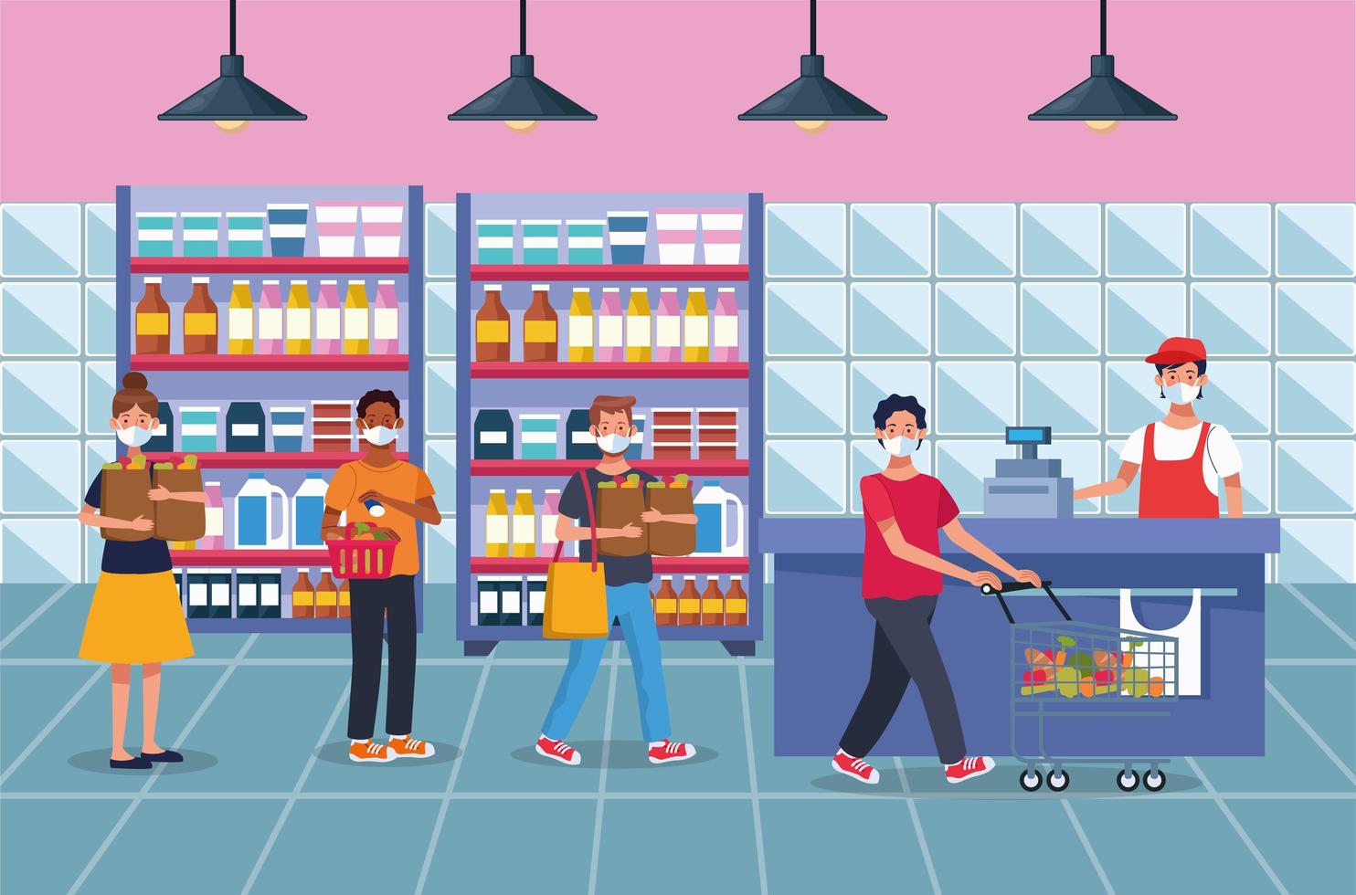 people shopping in supermarket with face mask vector