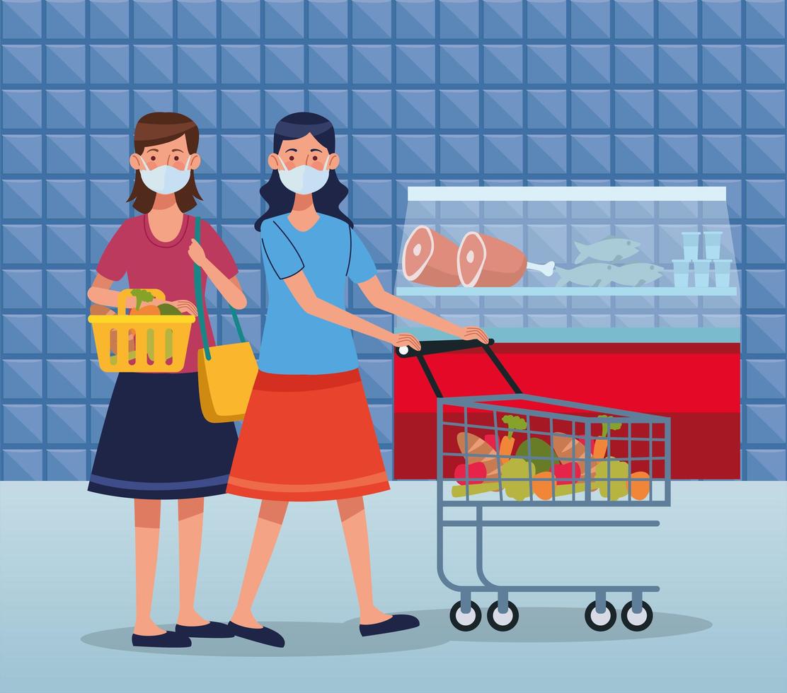 women shopping in supermarket with face mask vector