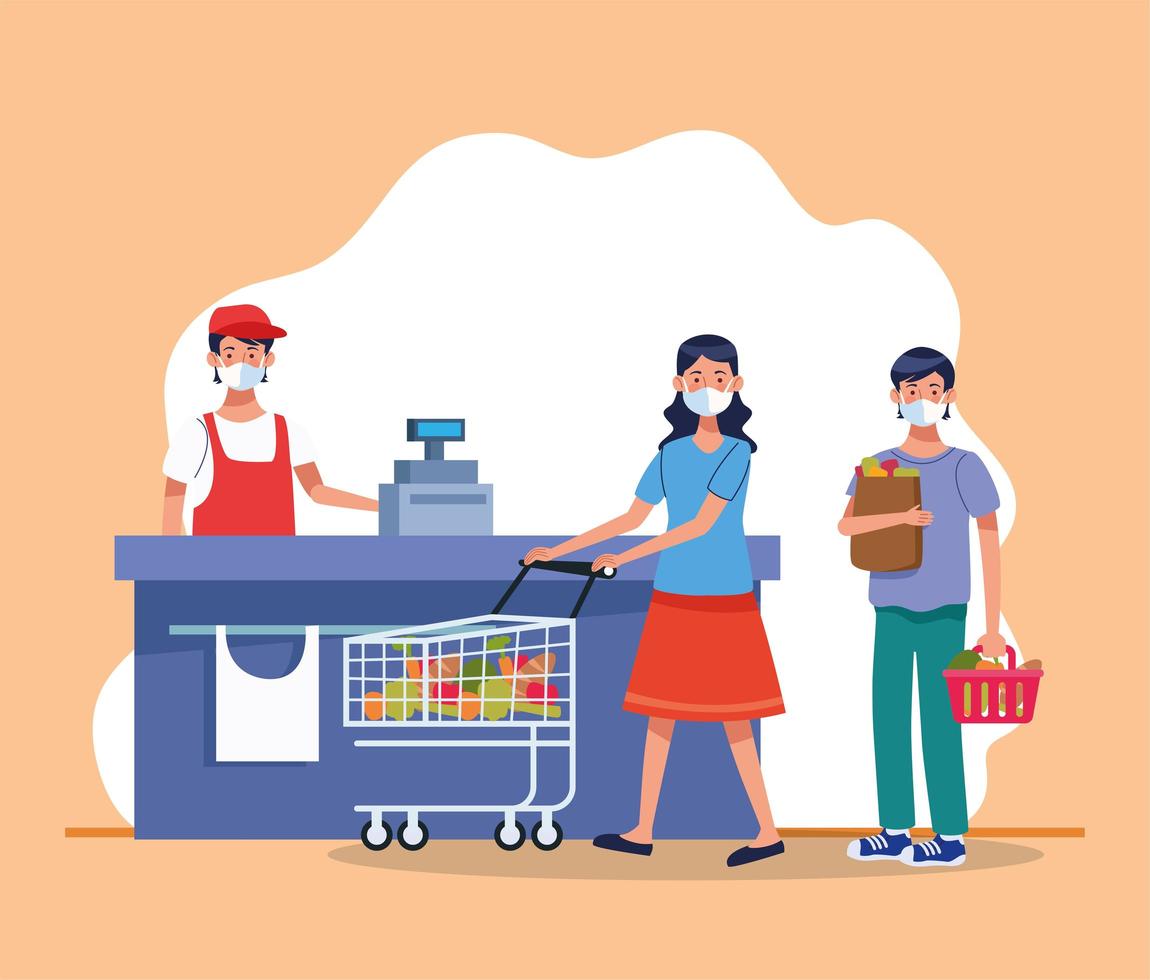 couple shopping in supermarket with face mask and salesman vector