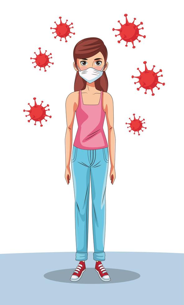 woman using face mask with covid19 particles vector