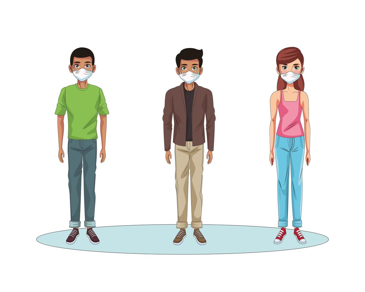 interracial people using face masks characters vector