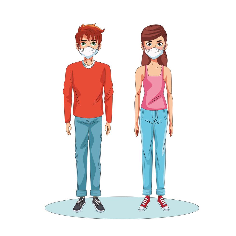 couple using face masks characters vector