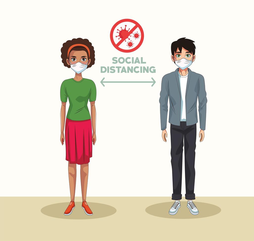 couple using face masks with stop covid19 signal vector
