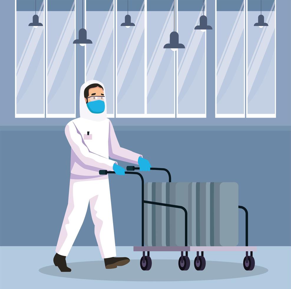 biohazard cleaning person with cart character vector