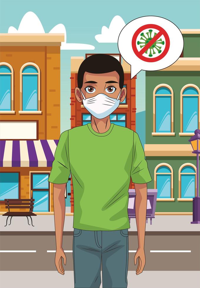 man using face mask with stop covid19 sign in the street vector