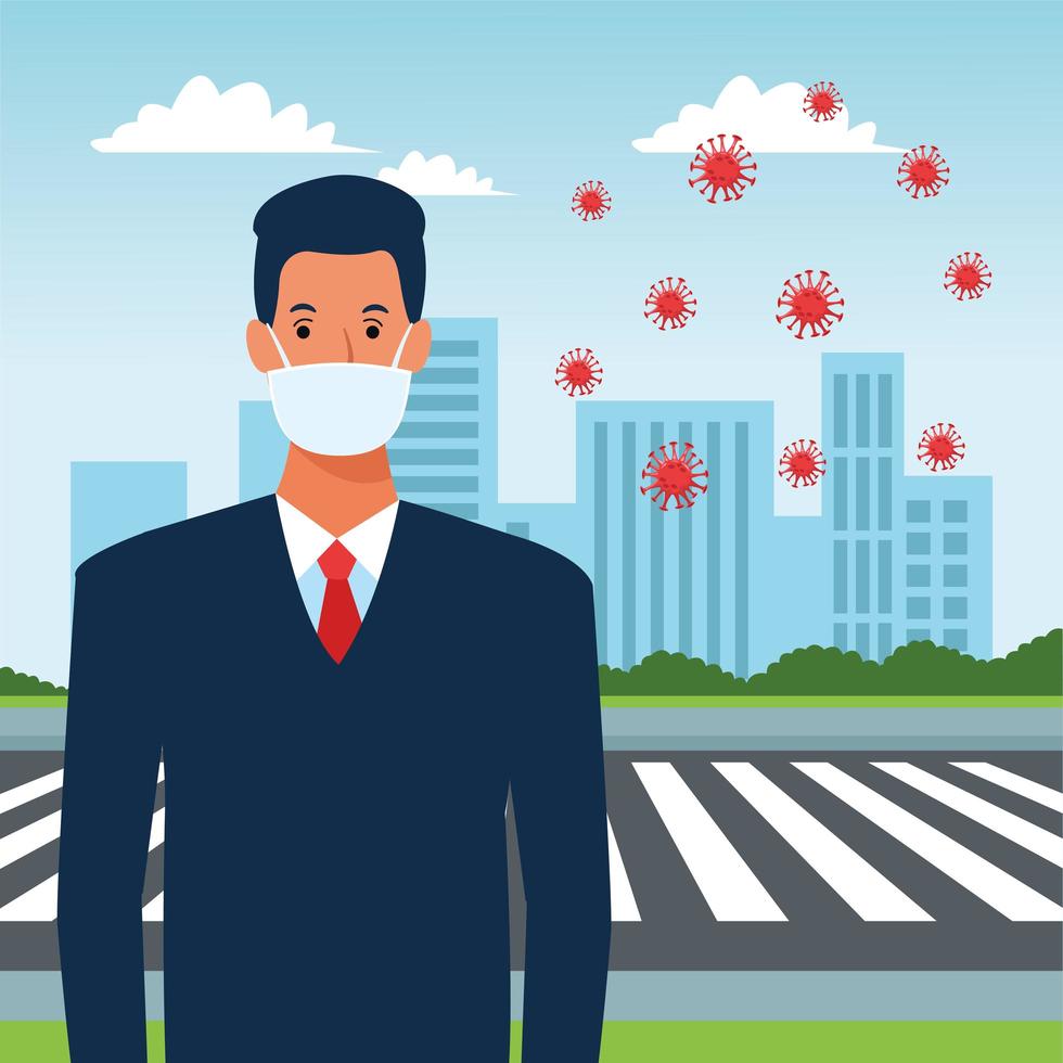 businessman using face mask for covid19 in the street vector