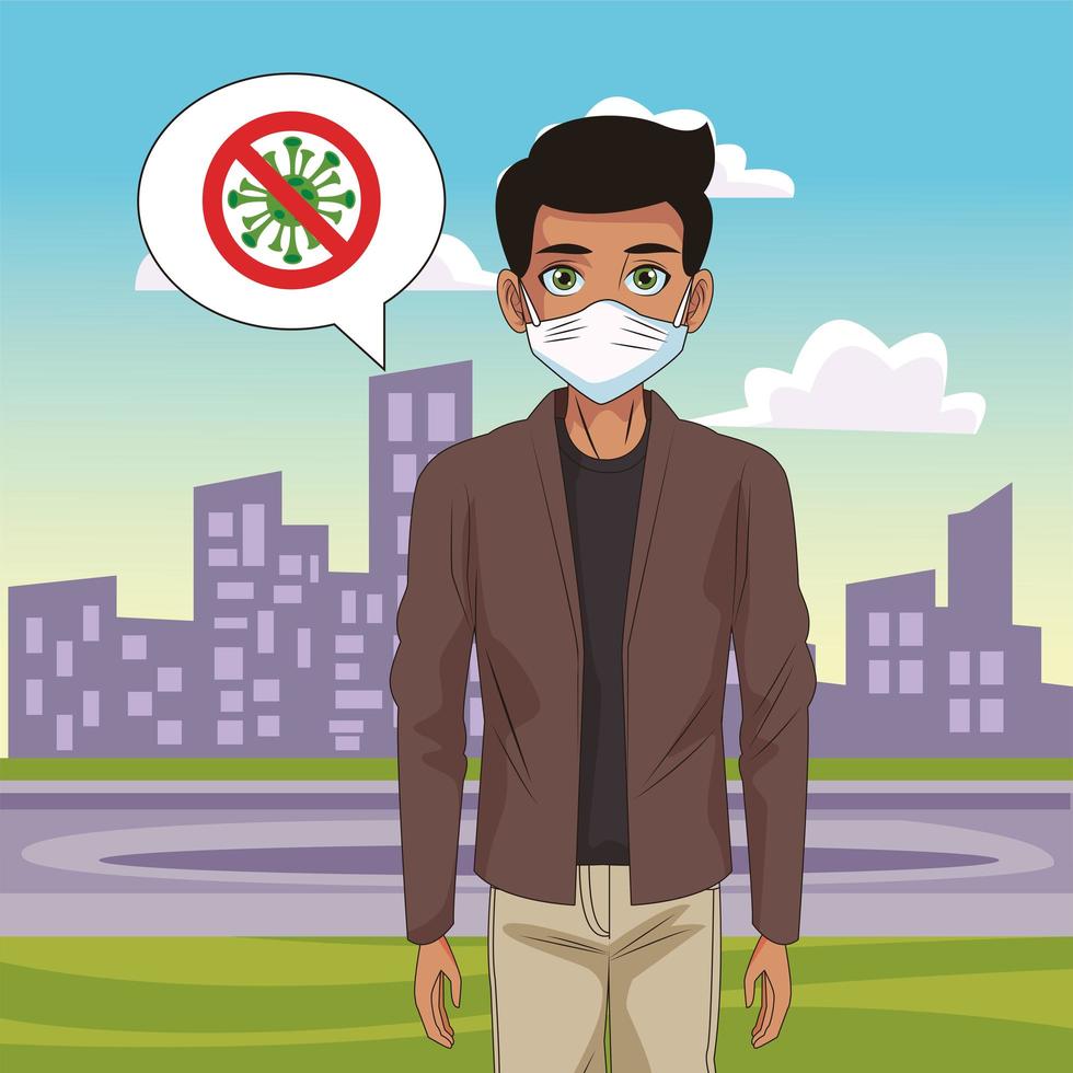 man using face mask with stop covid19 sign in the street vector