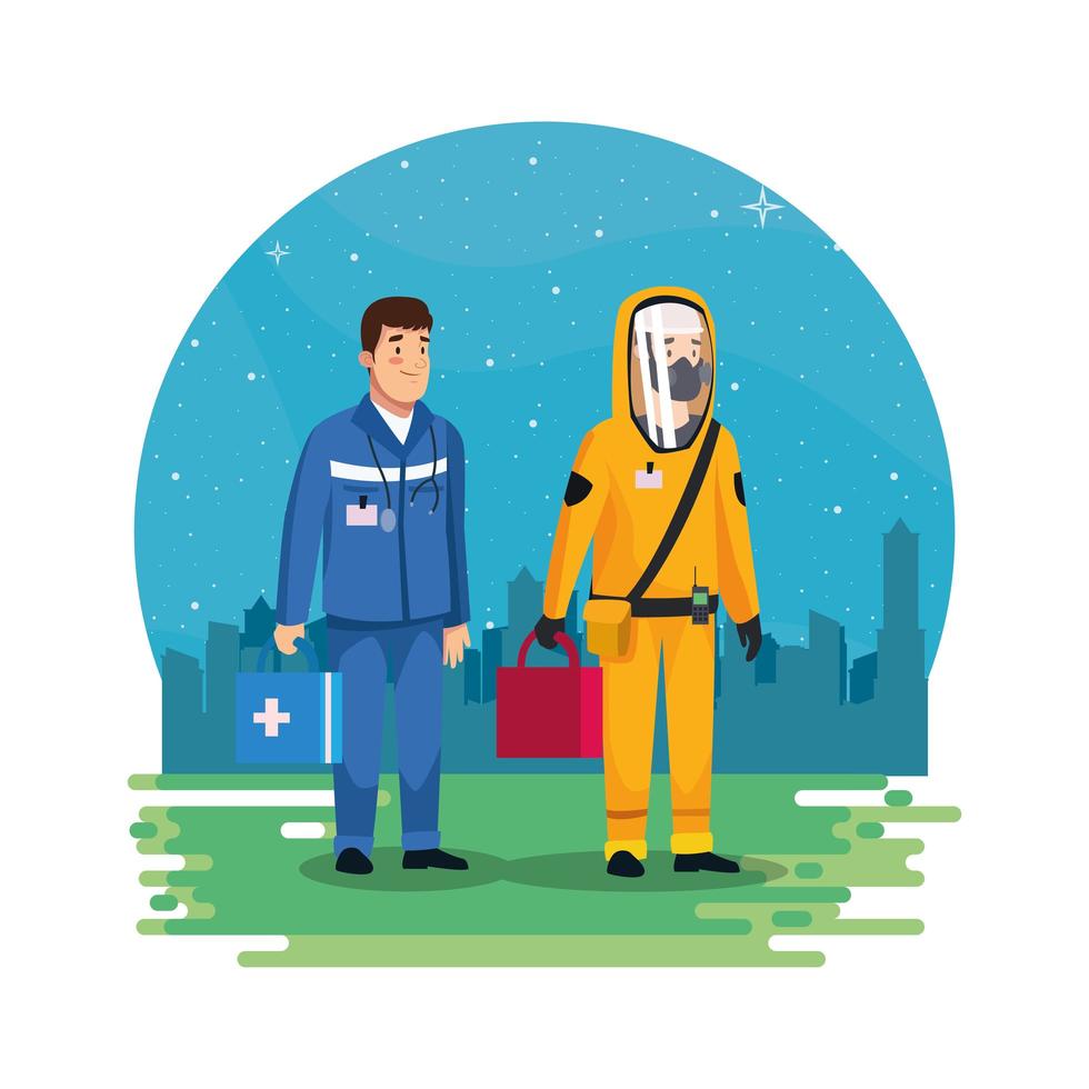 biohazard cleaning person with paramedic in the park vector
