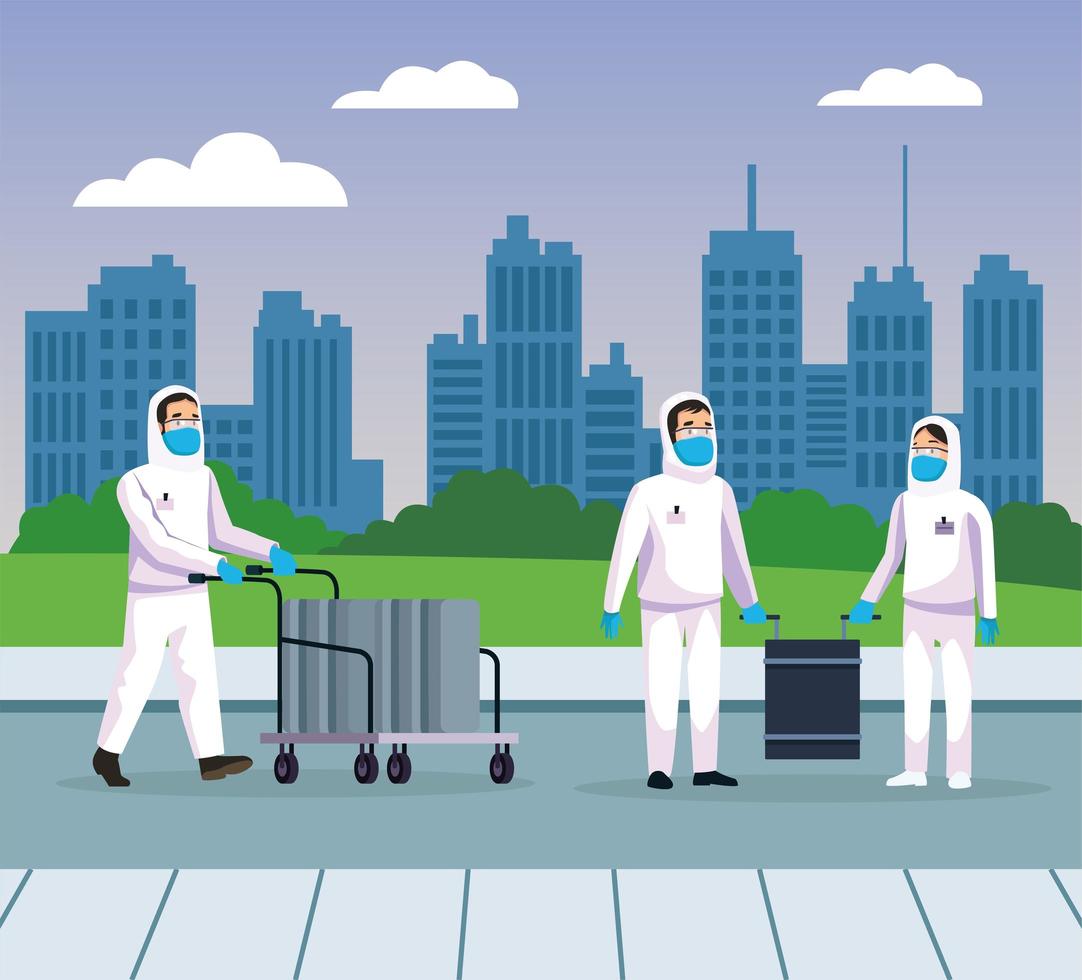 biohazard cleaning persons with sprayer in the city vector