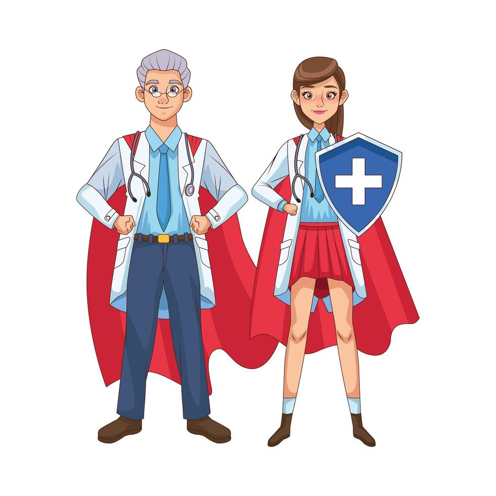 super doctors with hero cloaks and shield vs covid19 vector