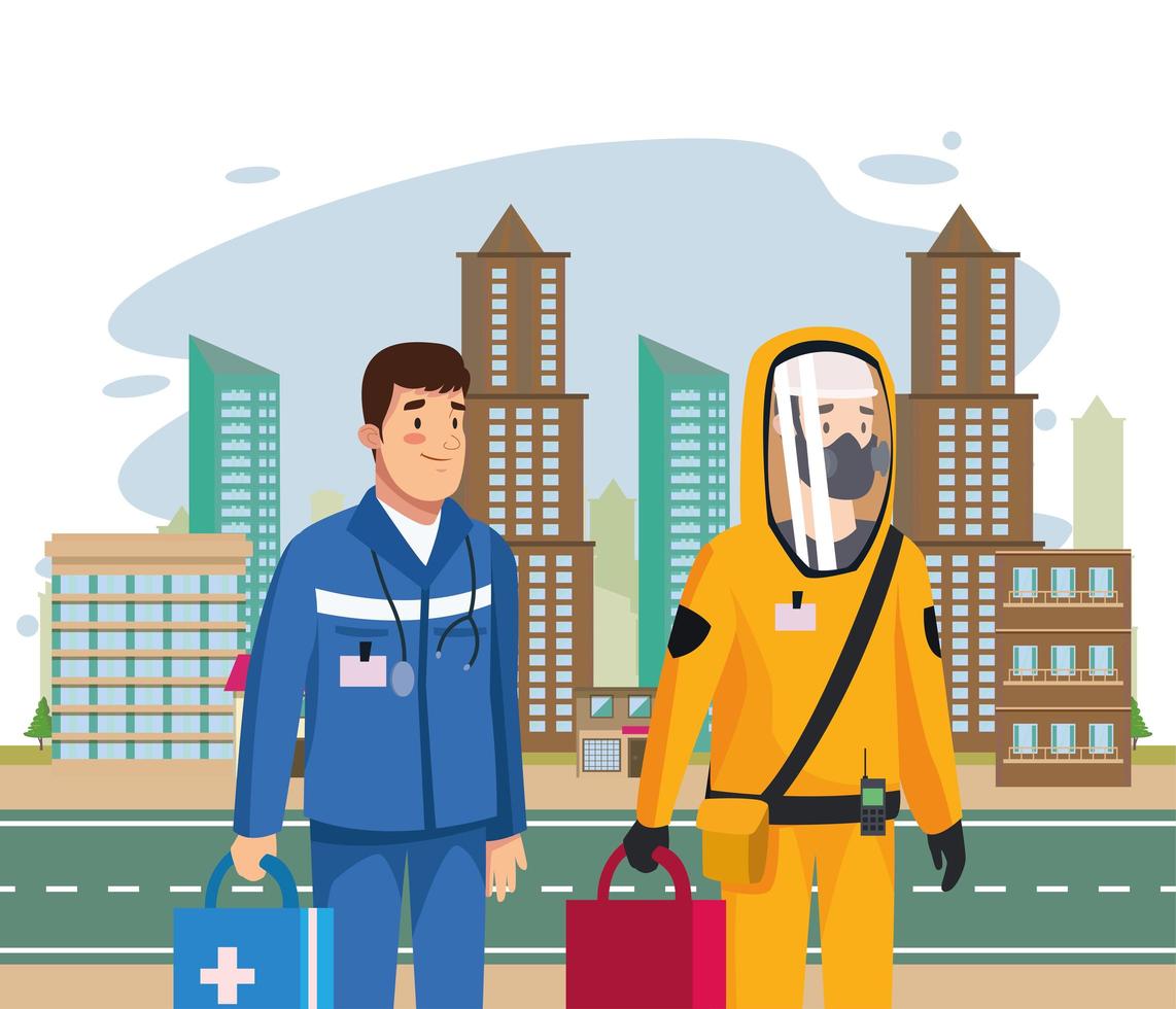 biohazard cleaning person with paramedic in the city vector