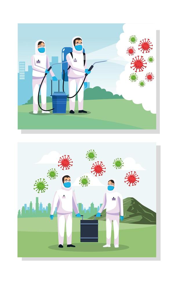 biohazard cleaning persons with covid19 particles in the park vector