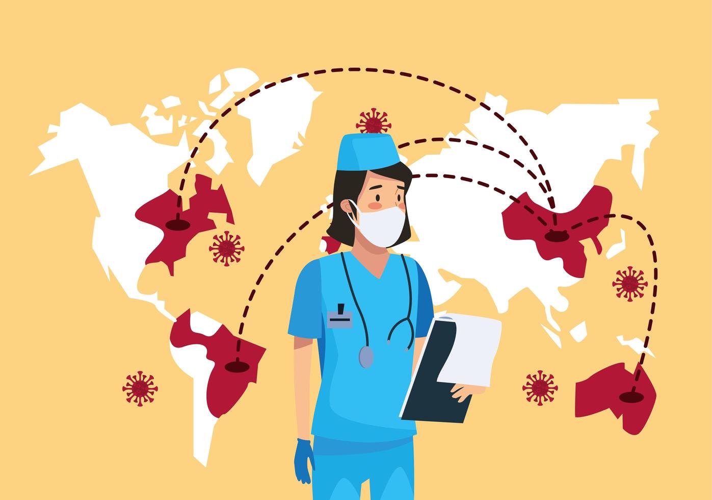 nurse with earth maps and covid 19 particles vector