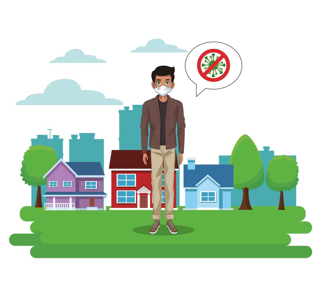 man using face mask with stop covid19 sign in the park vector