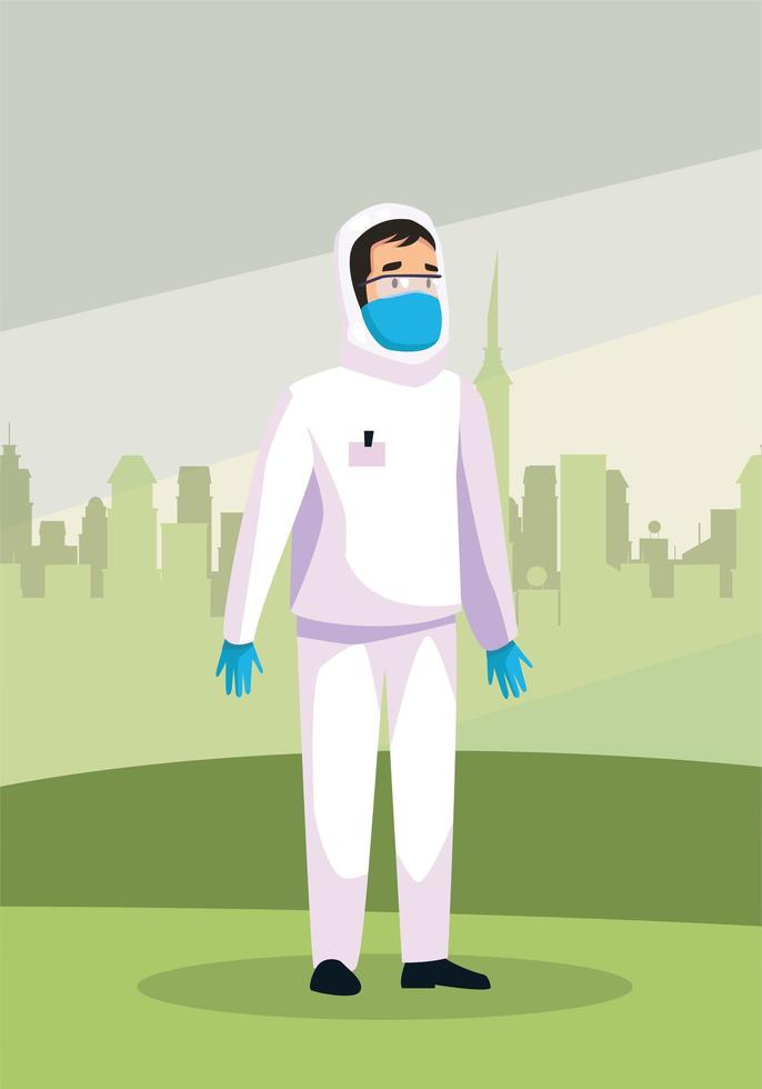 biohazard cleaning person with special suit in the park vector